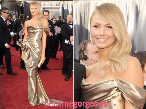 Angelina Jolie sang trọng trong chiếc đầm cúp ngực bằng nhung đen của Atelier Versace. Đường xẻ cao, khoe đôi chân dài, tôn thêm nét quyến rũ. Nữ diễn viên Michelle Williams đến với thảm đỏ Oscar năm 2012 trong bộ váy thướt tha màu đỏ rực rỡ của Louis Vuitton. "Nửa kia" của George Clooney là Stacy Kiebler lộng lẫy trong chiếc váy Marchesa vàng ánh kim, thiết kế của Marchesa rất sang trọng và nữ tính từ những tạo hình, xếp nếp rất gợi cảm. Jennifer Lopez mặc chiếc váy của Zuhair Murad, chiếc đầm ôm sát cơ thể cùng những đường kẻ đơn giản của chất liệu càng làm tăng vẻ đẹp của cô. Nữ diễn viên Rose Byrne ấn tượng trong chiếc đầm lệch vai màu đen long lanh của Vivienne Westwood. Jessica Chastain xuất hiện trong chiếc đầm sang trọng của Alexander McQueen. Những họa tiết hoa văn được thêu tỉ mỉ là nét ấn tượng trên thiết kế tuyệt vời này. Viola Davis tràn đầy sức sống trong chiếc đầm màu xanh lá cây của Vera Wang