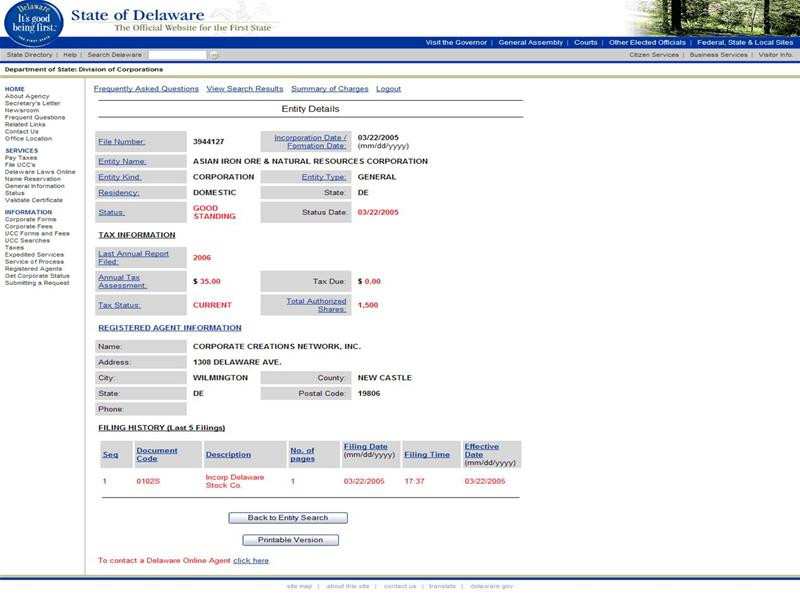 Công ty là Asian Iron Ore & Natural Resources Corporation, 1308 Delaware Avenue, Wilmington, DE 19806, USA Delaware chỉ đóng có 35 USD tiền thuế năm 2006 (Nguồn : State of Delaware.