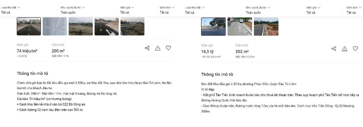 Theo ghi nhận, tại khu đất 2,55ha (phường Phúc Diễn) nhiều nhà đầu tư đang rao bán các lô đất diện tích khoảng 200m2 với giá giao động từ 74 - 120 triệu đồng/m2 nhưng rất ít giao dịch. Ảnh chụp màn hình.