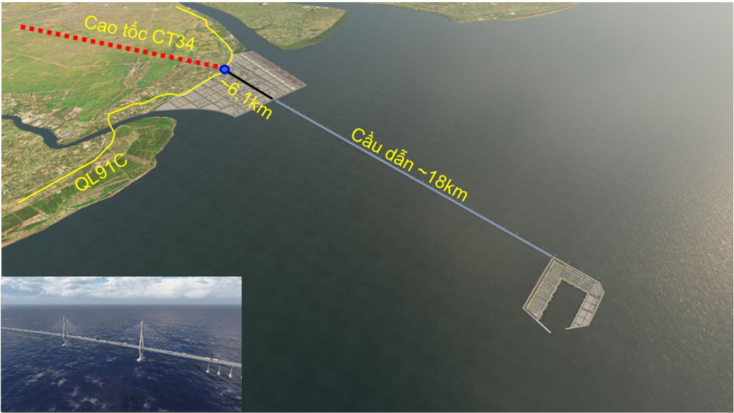 Phối cảnh Cảng biển Trần Đề, kết nối với đất liền qua cầu vượt biển dài khoảng 18 km. Ảnh: P.V