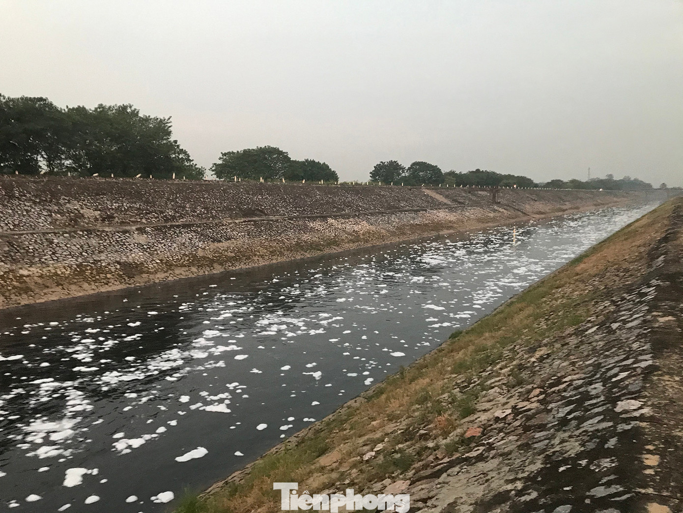 Nước thải của thành phố Hà Nội qua trạm bơm Cụm cụm Công trình đầu mối Yên Sở nổi bọt trắng xoá theo kênh dẫn đổ thẳng ra sông Hồng. Ảnh: Trường Phong