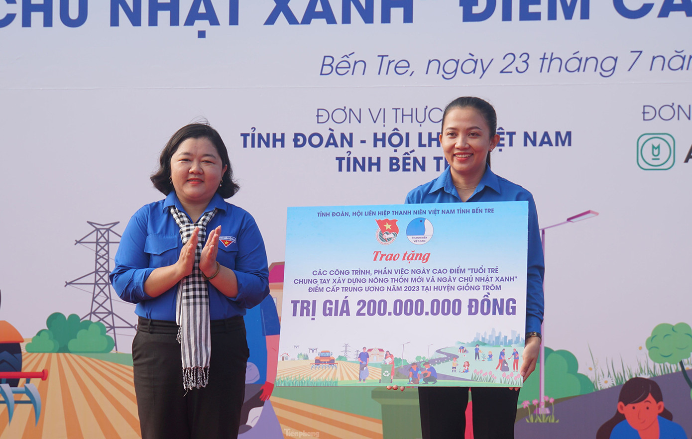 Chị Lâm Như Quỳnh, Bí thư Tỉnh Đoàn Bến Tre trao tặng nguồn lực cho Huyện Đoàn Giồng Trôm. Ảnh: Hòa Hội Chị Lâm Như Quỳnh, Bí thư Tỉnh Đoàn Bến Tre trao tặng nguồn lực cho Huyện Đoàn Giồng Trôm. Ảnh: Hòa Hội