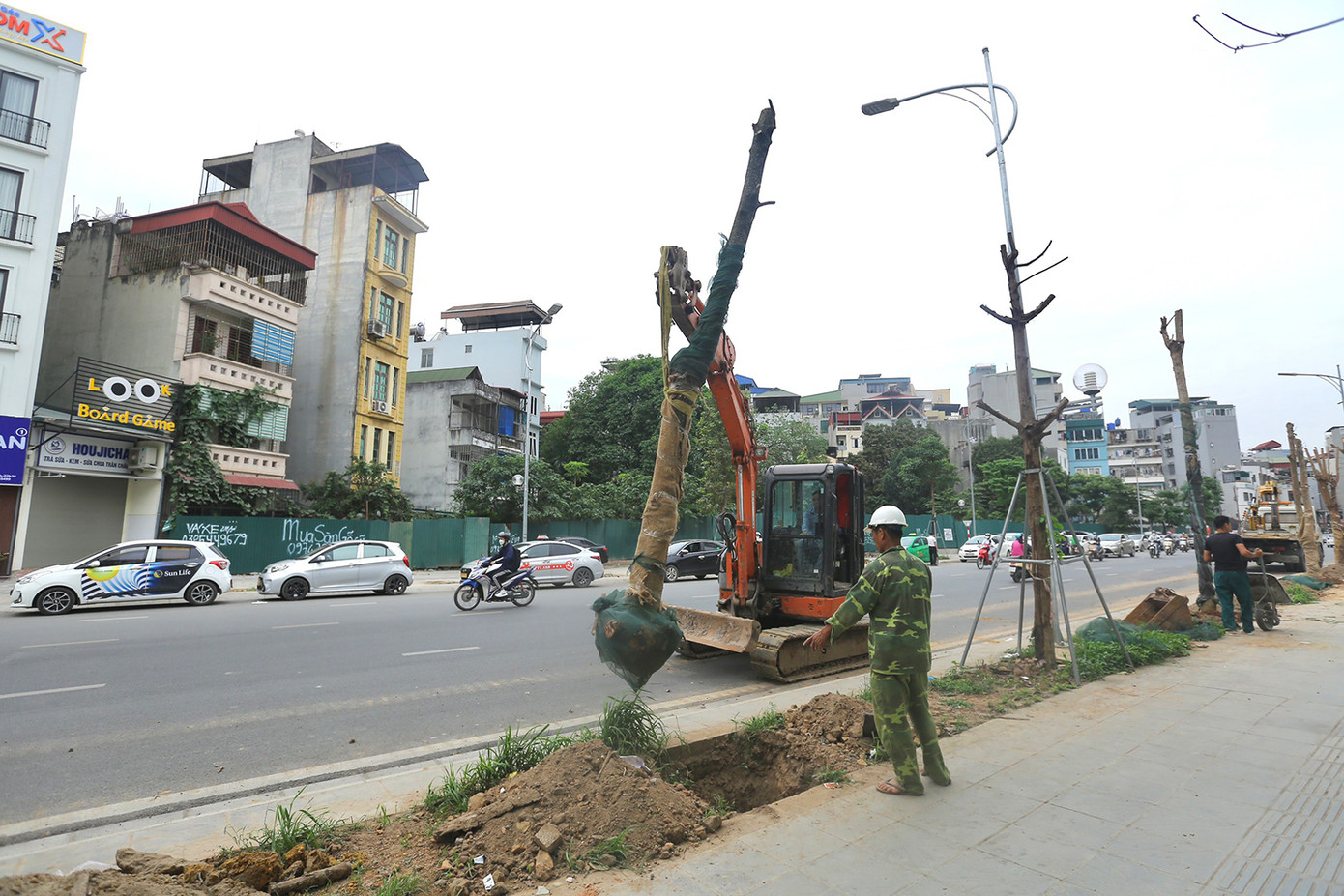 Ngày 7/4, nhiều cây xanh được trồng mới trên đường Huỳnh Thúc Kháng kéo dài, thay thế loạt cây xanh bị chết khô trước đây. Ảnh: Duy Phạm.