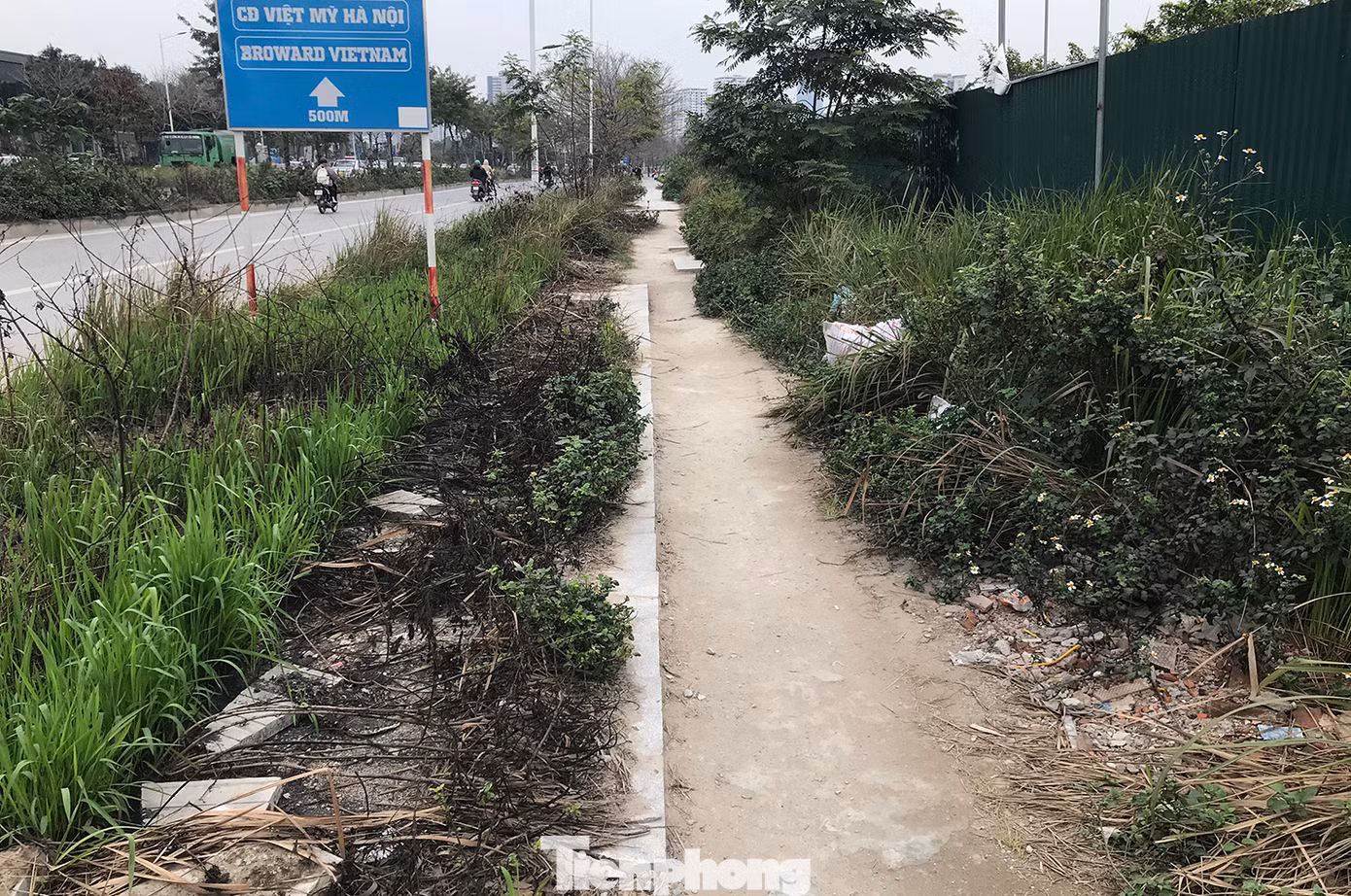 Theo ghi nhận của phóng viên, nhiều khu vực vỉa hè tuyến đường Trịnh Văn Bô tiếp giáp với các công trường xây dựng lớn, ảnh hưởng nghiêm trọng đến tuổi thọ vỉa hè. Ảnh: Trường Phong.