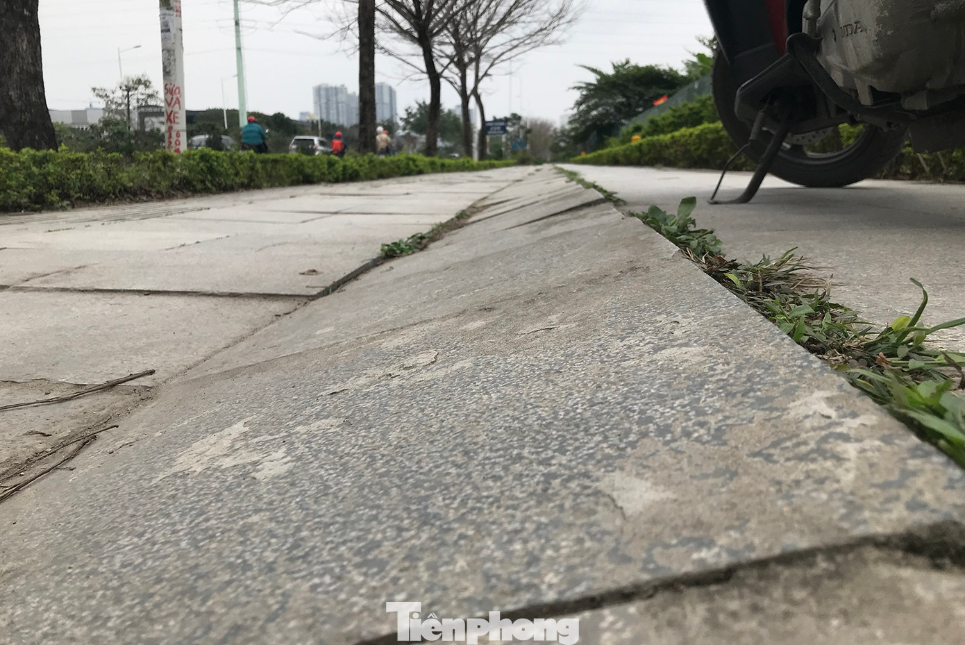 Đoạn dài vỉa hè trên đường Trịnh Văn Bô bị gãy nền, tạo độ nghiêng rất lớn. Ảnh: Trường Phong.