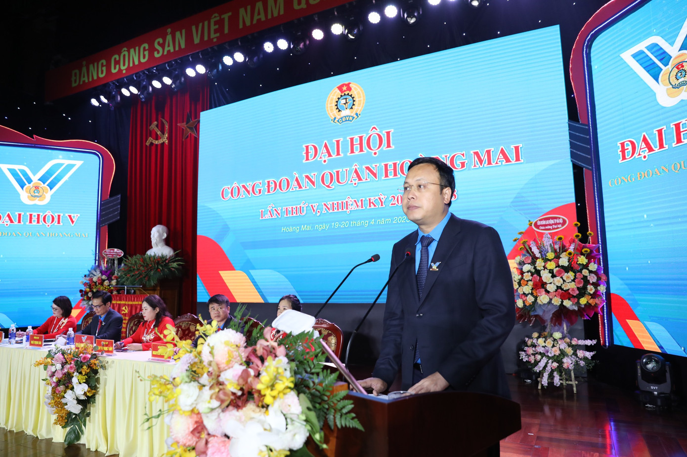 Chủ tịch LĐLĐ quận Hoàng Mai Phạm Quang Thanh phát biểu tại Đại hội. Ảnh: PV