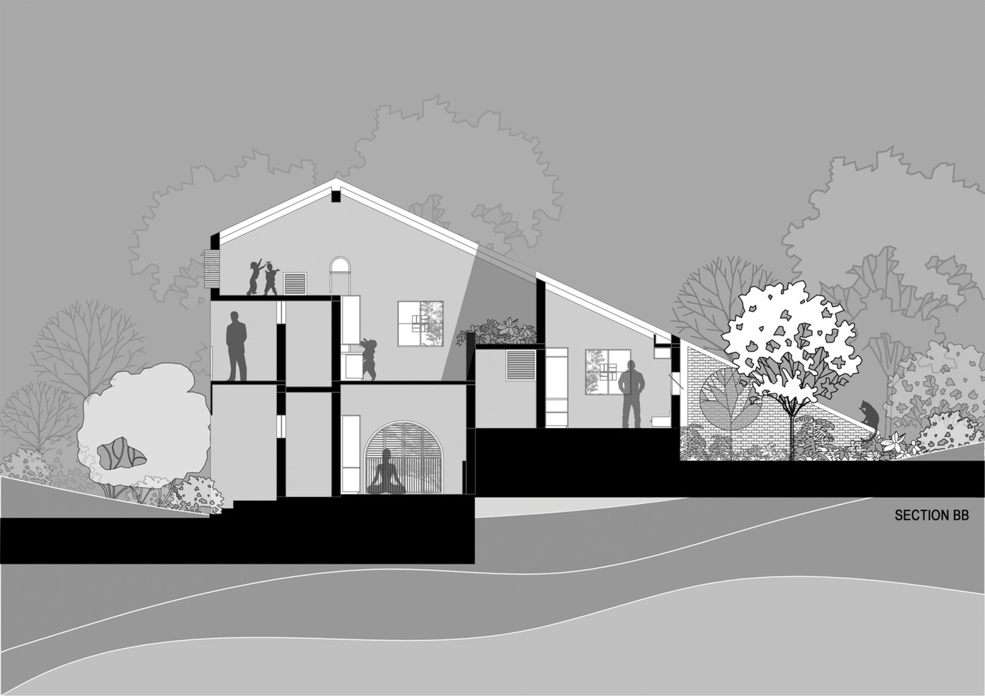 Nhờ việc tận dụng cao độ của khu đất kết hợp với vườn cây và cách tái sử dụng đồ vật cũ làm nội thất, mặc dù chi phí xây dựng eo hẹp nhưng ngôi nhà vẫn mang đến một không gian sống hiện đại, tiện nghi và thoáng mát.