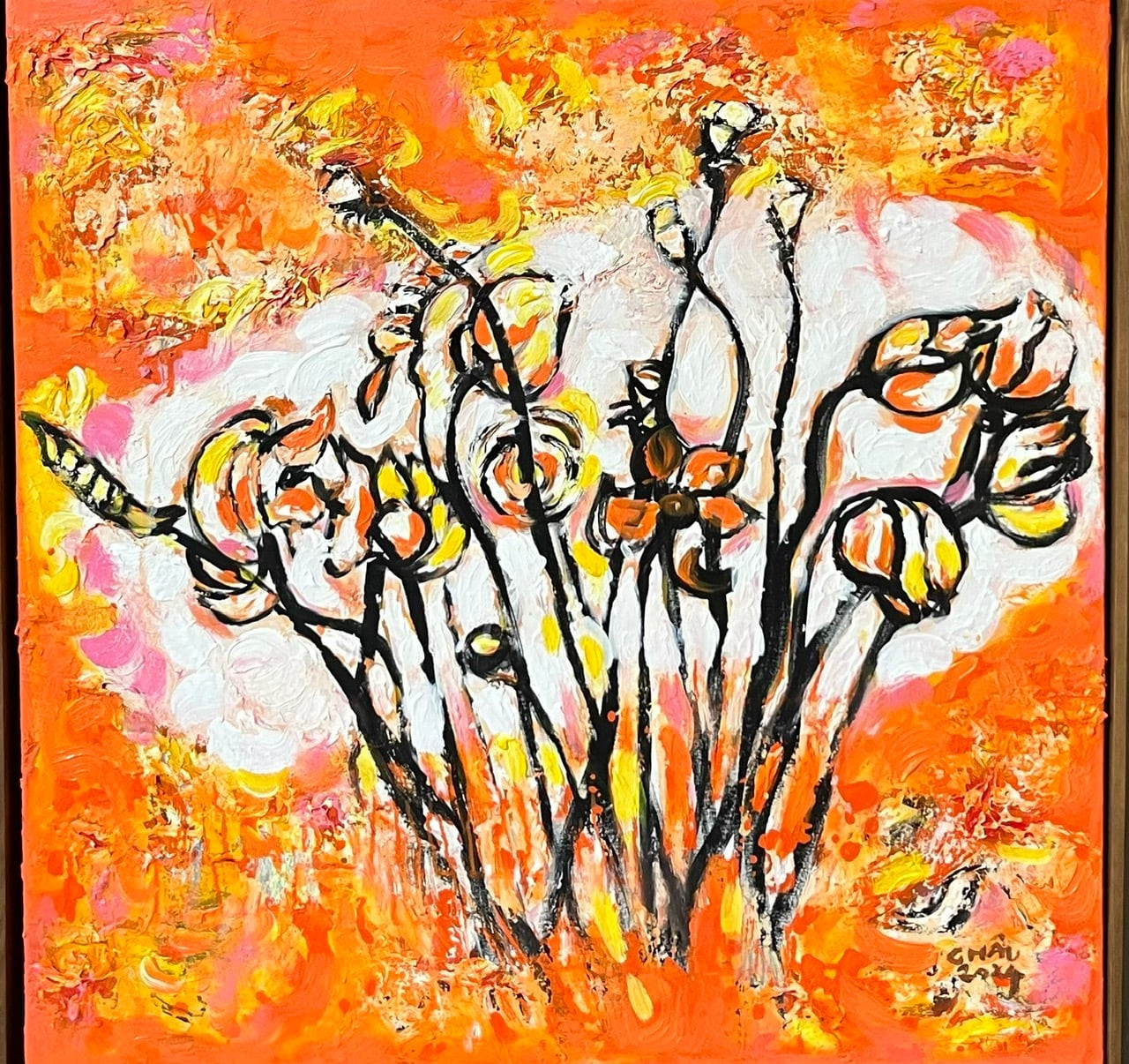 Tác phẩm Sen của họa sĩ Phan Minh Châu, chất liệu acrylic, kích thước 80x80 cm.