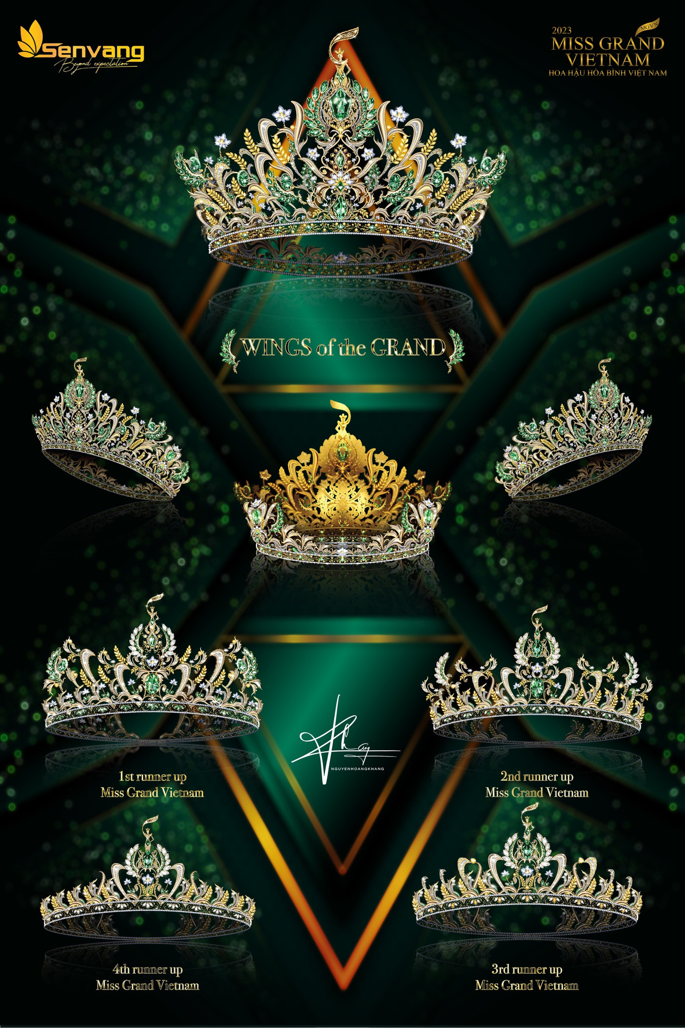 Chiếc vương miện “Wings Of The Grand” mang trên mình những hình ảnh cánh chim bồ câu, hoa sen và cây lúa.