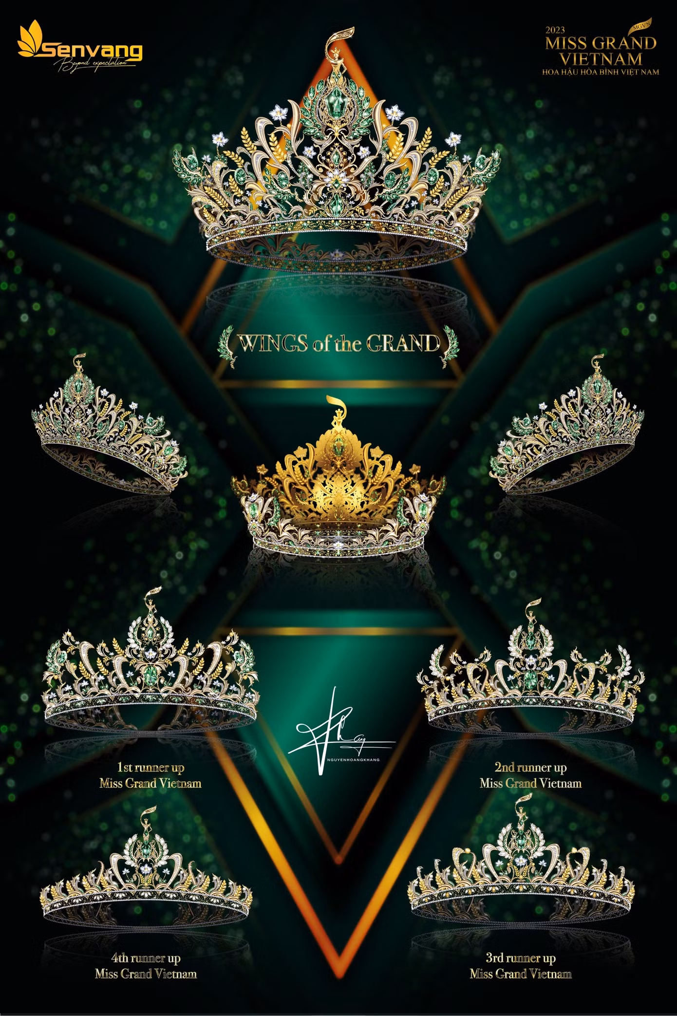 Chiếc vương miện “Wings Of The Grand” mang trên mình những hình ảnh cánh chim bồ câu, hoa sen và cây lúa.