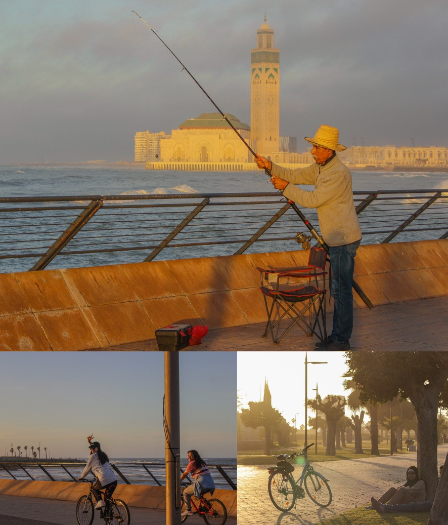 Một số hoạt động của người dân Casablanca khi hoàng hôn bên bờ biển La Corniche.