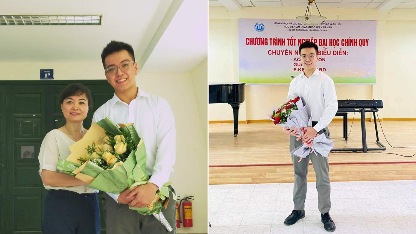 Quang Bảo và mẹ vào ngày tốt nghiệp Học viện Âm nhạc Quốc gia Việt Nam năm 2021.