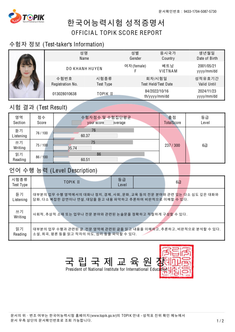 Khánh Huyền đạt chứng chỉ TOPIK 6. Khánh Huyền đạt chứng chỉ TOPIK 6.