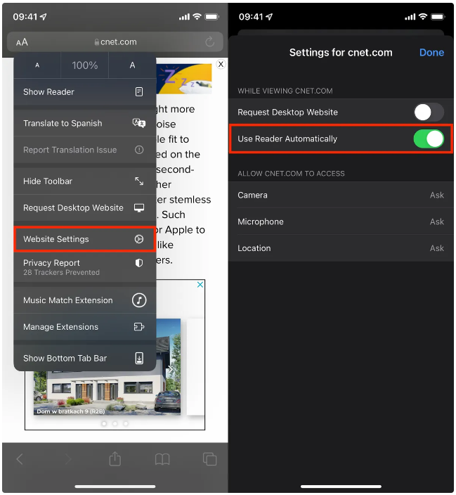 Bạn cũng có thể tự động bật chế độ đọc khi truy cập các trang web yêu thích của mình.