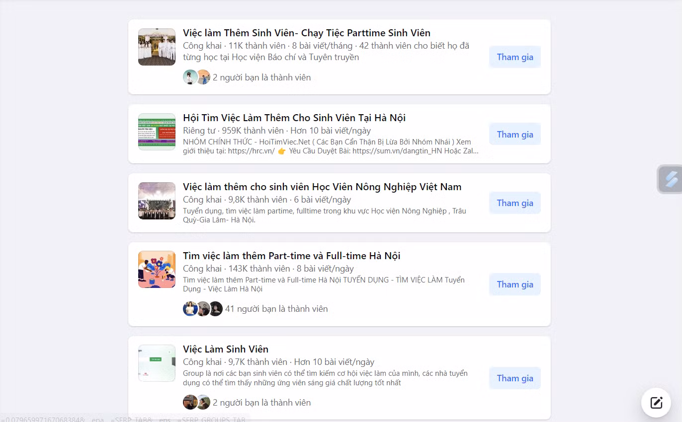 Nhiều hội nhóm tuyển dụng sinh viên làm thêm trên mạng xã hội Facebook (Ảnh: Đức Thái).