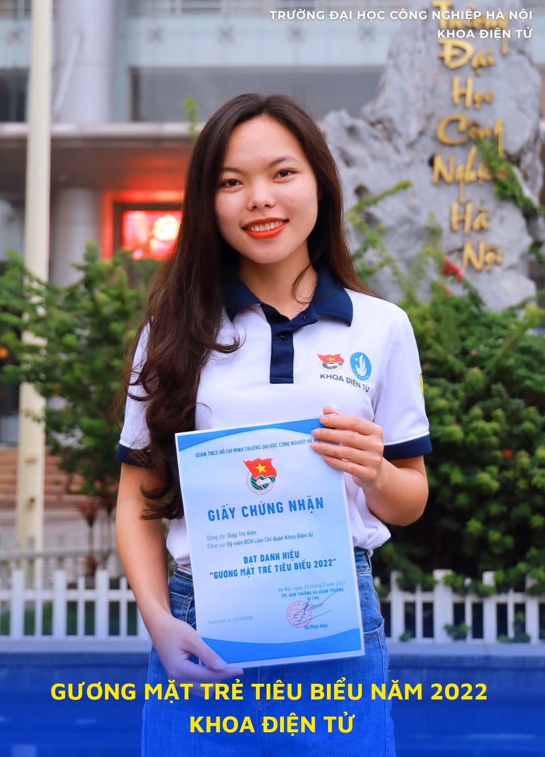 Diệp Thị Hiền sinh viên năm 4 khoa Điện tử, Trường Đại học Công nghiệp Hà Nội. Diệp Thị Hiền sinh viên năm 4 khoa Điện tử, Trường Đại học Công nghiệp Hà Nội.