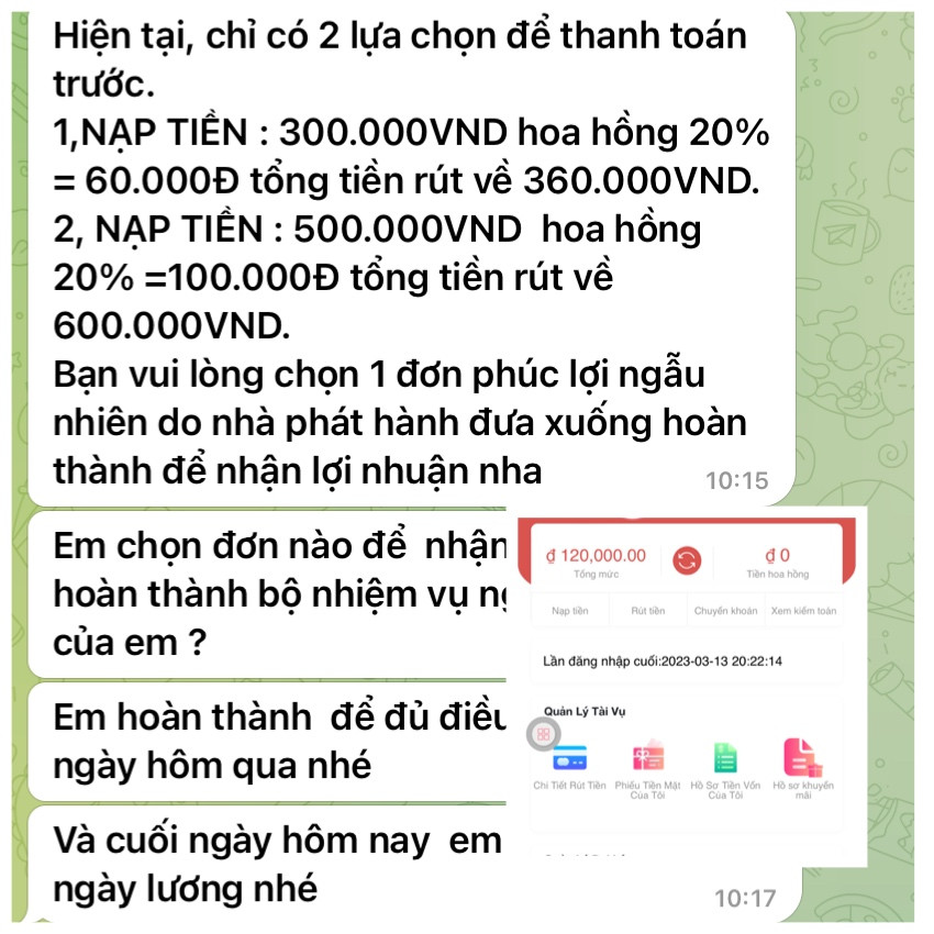 Yêu cầu nạp tiền, nhận hoa hồng của đối tượng lừa đảo.