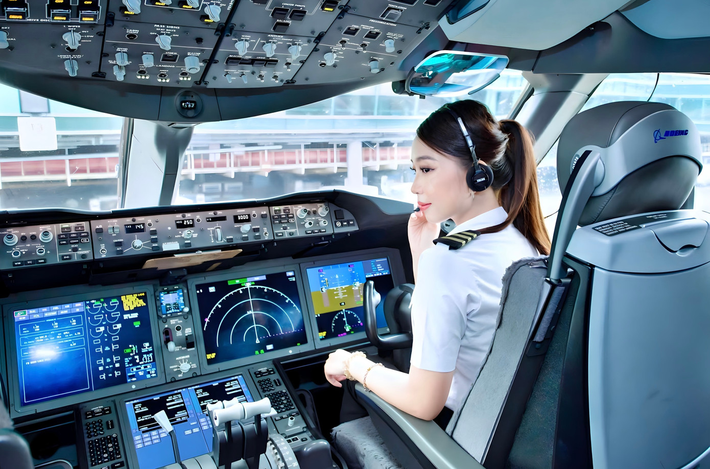 Trang nhung tại buồng lái máy bay.