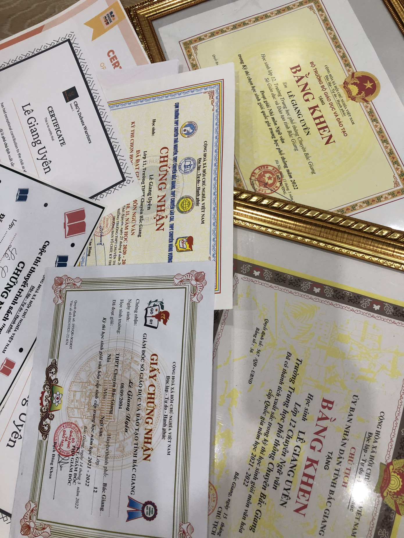 Các thành tích, bằng khen, giấy chứng nhận trong quá trình học tập, hoạt động của Giang Uyên.