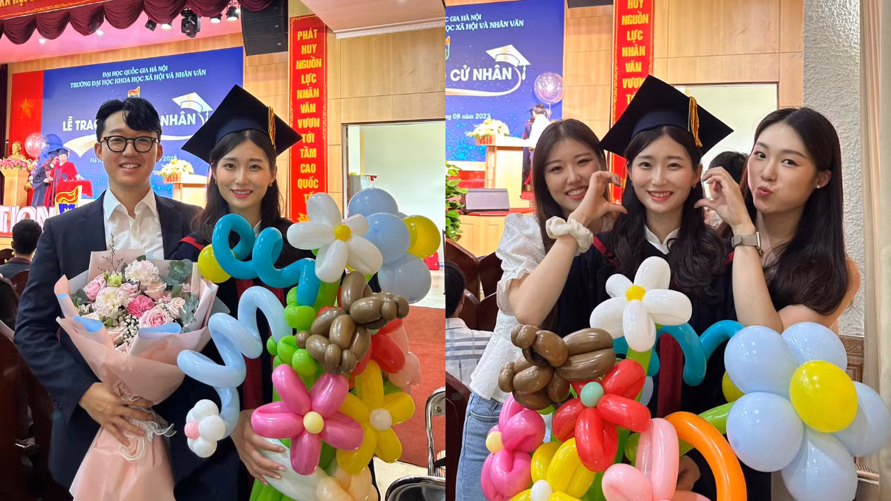 Bạn bè của Jayoung từ Hàn Quốc sang Việt Nam dự lễ tốt nghiệp của cô. Bạn bè của Jayoung từ Hàn Quốc sang Việt Nam dự lễ tốt nghiệp của cô.
