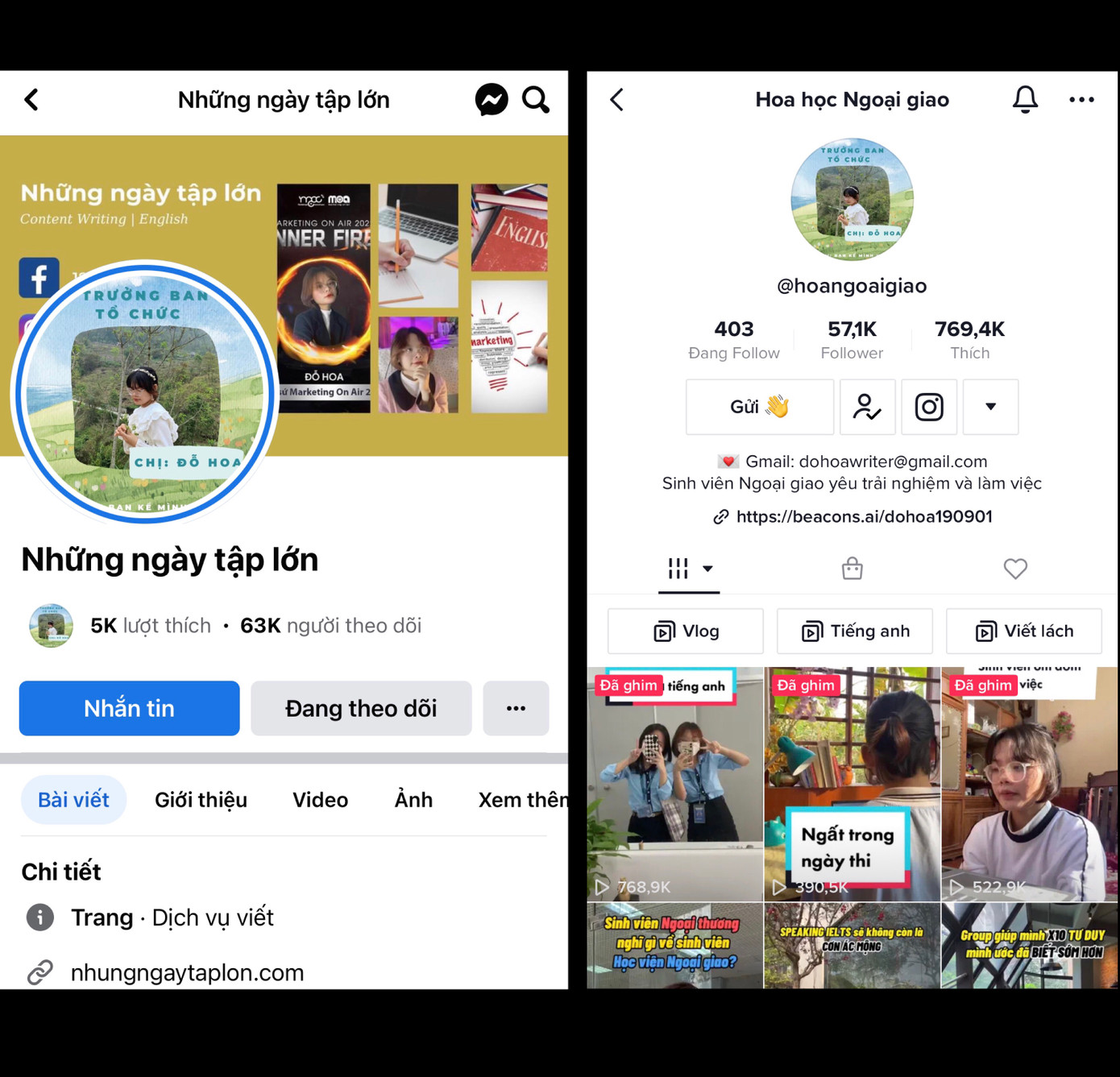 Cô nàng là người truyền cảm hứng viết lách đến với các bạn trẻ thông qua kênh Tiktok “Hoa học Ngoại giao” và Fanpage “Những ngày tập lớn”.