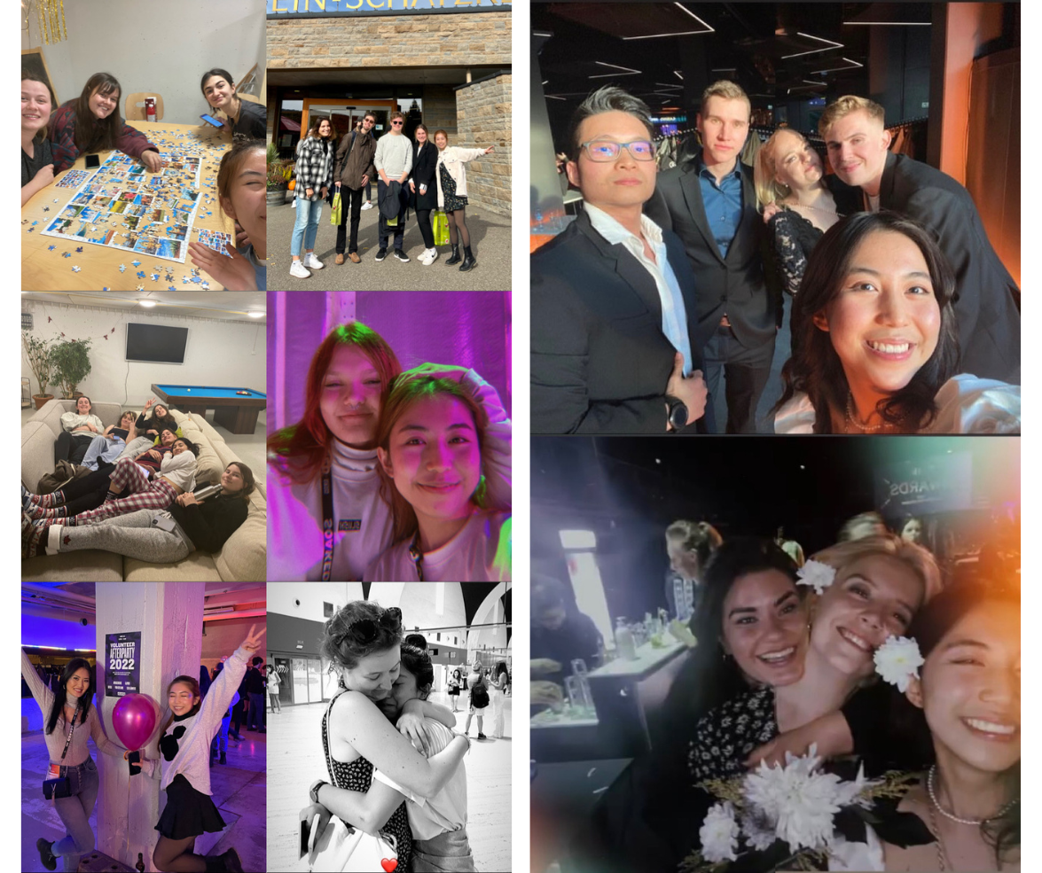 Quỳnh Nghi cùng bạn bè, đồng nghiệp trong các hoạt động ở trường (trái) và ở công ty (phải).