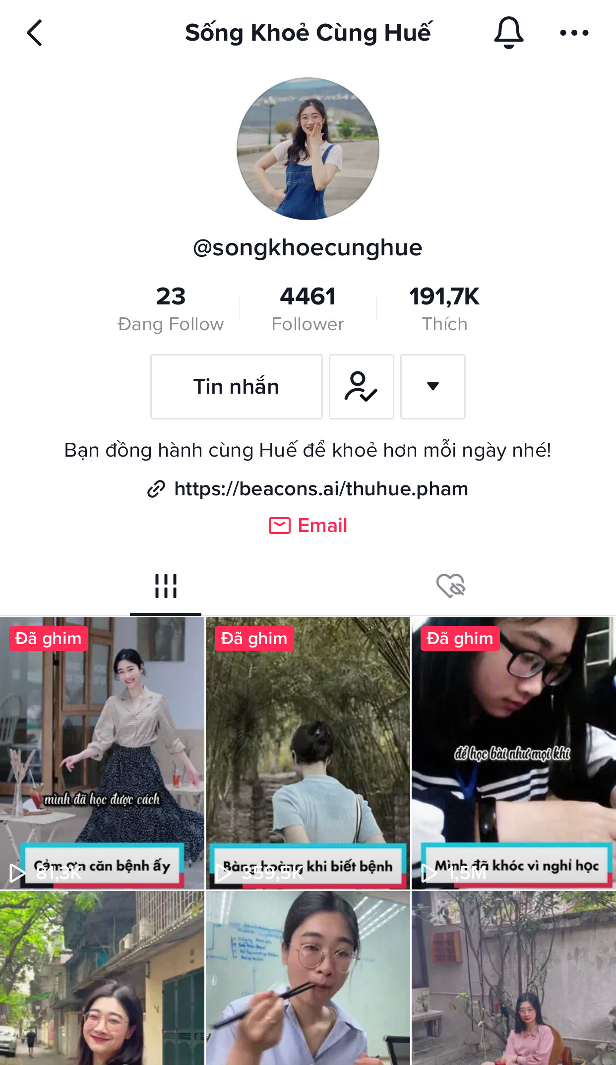 Kênh TikTok “Sống khỏe cùng Huế” được nhiều người yêu thích bởi nội dung mang tính chất truyền cảm hứng tích cực. Kênh TikTok “Sống khỏe cùng Huế” được nhiều người yêu thích bởi nội dung mang tính chất truyền cảm hứng tích cực.