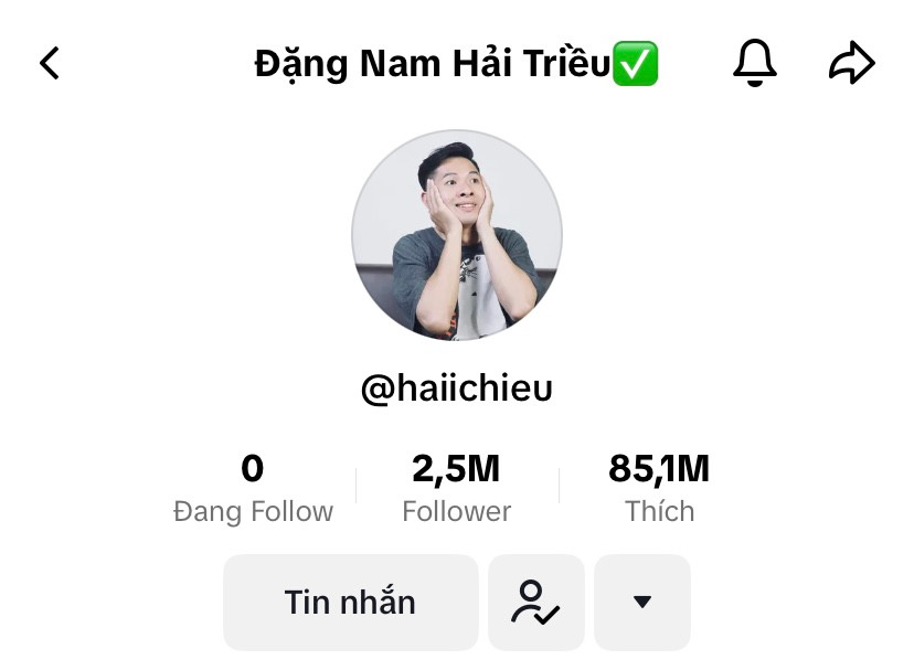 Kênh Tik Tok cá nhân Hải Triều thu hút 2,5 triệu lượt theo dõi. Kênh Tik Tok cá nhân Hải Triều thu hút 2,5 triệu lượt theo dõi.
