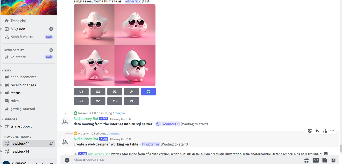 Trong box chat hiển thị nhiều người sử dụng một lúc, các hình vẽ bởi AI được công khai và mọi người đều có thể tải về.