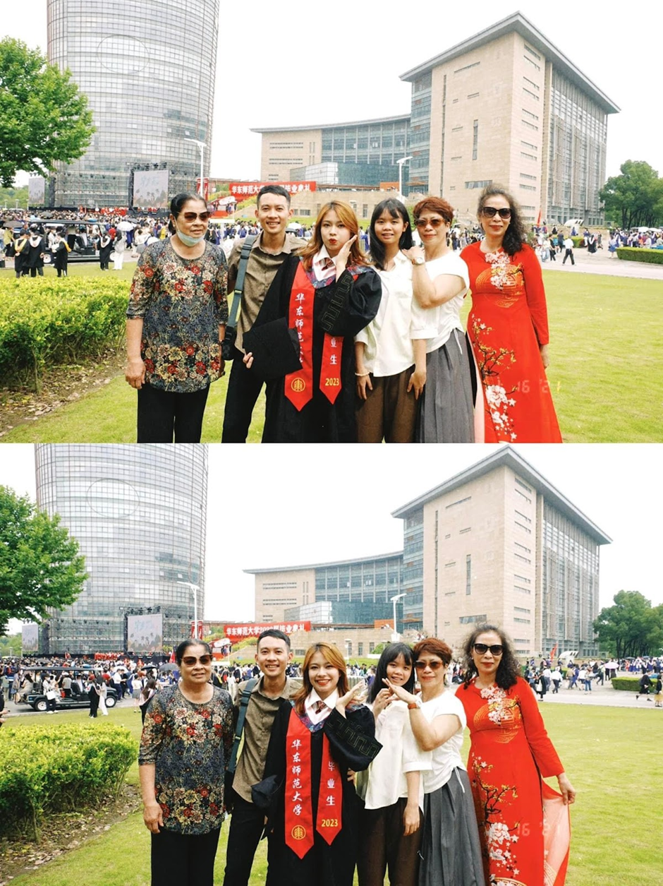 Thủy Ngân tại lễ tốt nghiệp với gia đình. Thủy Ngân tại lễ tốt nghiệp với gia đình.