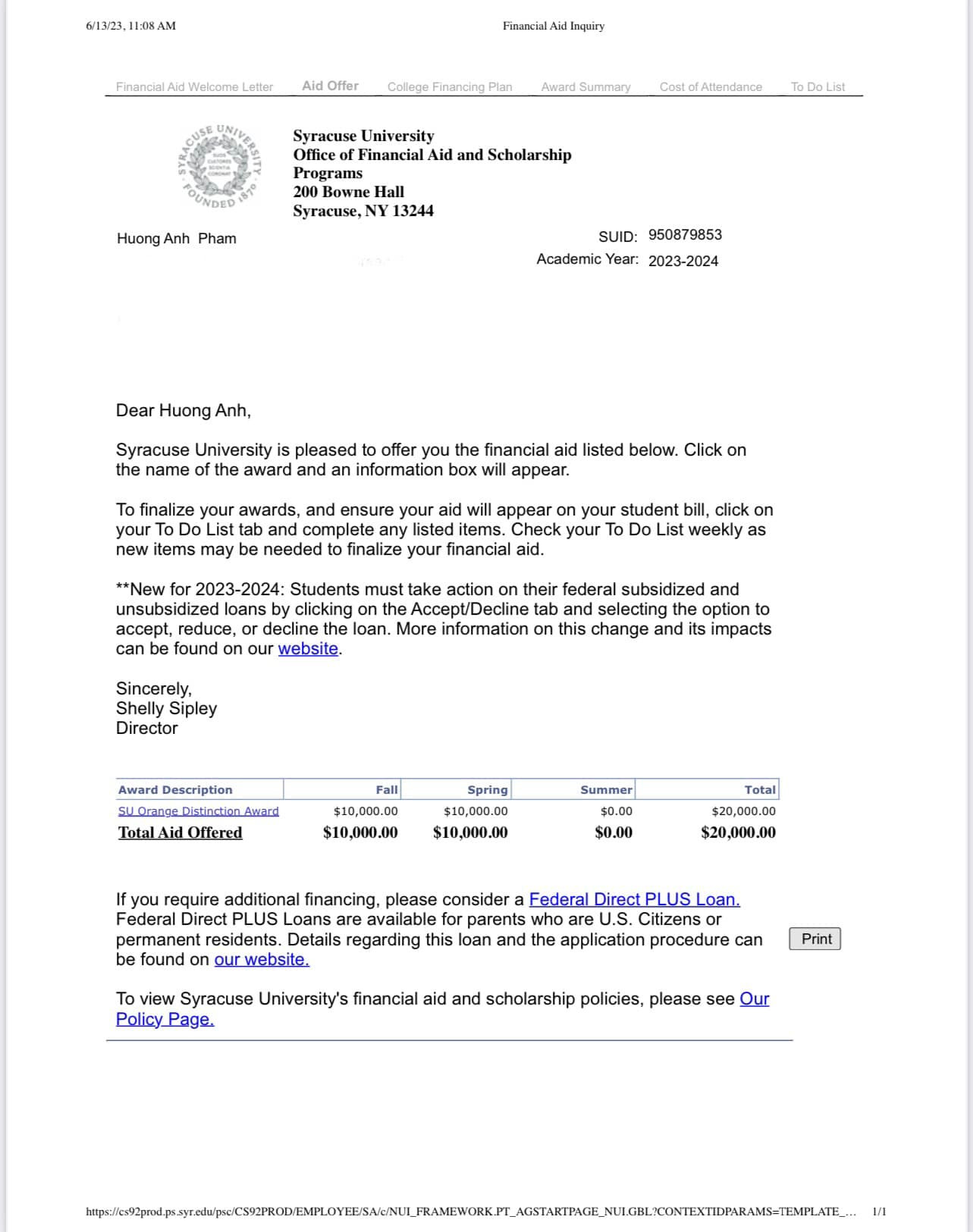 Cô đã nhận được ba học bổng lớn từ các trường đại học danh tiếng tại Mỹ, bao gồm Đại học Union College, Đại học UMass Amherst và Đại học California, Riverside. Cô đã nhận được ba học bổng lớn từ các trường đại học danh tiếng tại Mỹ, bao gồm Đại học Union College, Đại học UMass Amherst và Đại học California, Riverside.