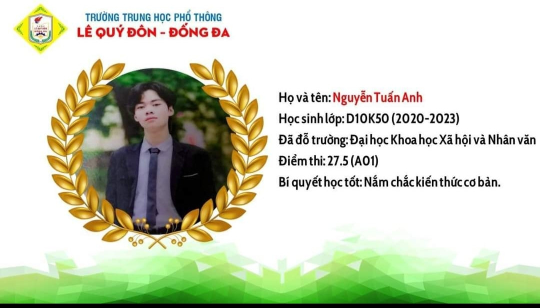 Bảng vinh danh Tuấn Anh của Trường THPT Lê Quý Đôn - Đống Đa. Bảng vinh danh Tuấn Anh của Trường THPT Lê Quý Đôn - Đống Đa.