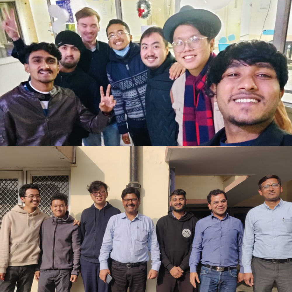 Long cùng thầy giáo và bạn học tại Đại học Delhi.