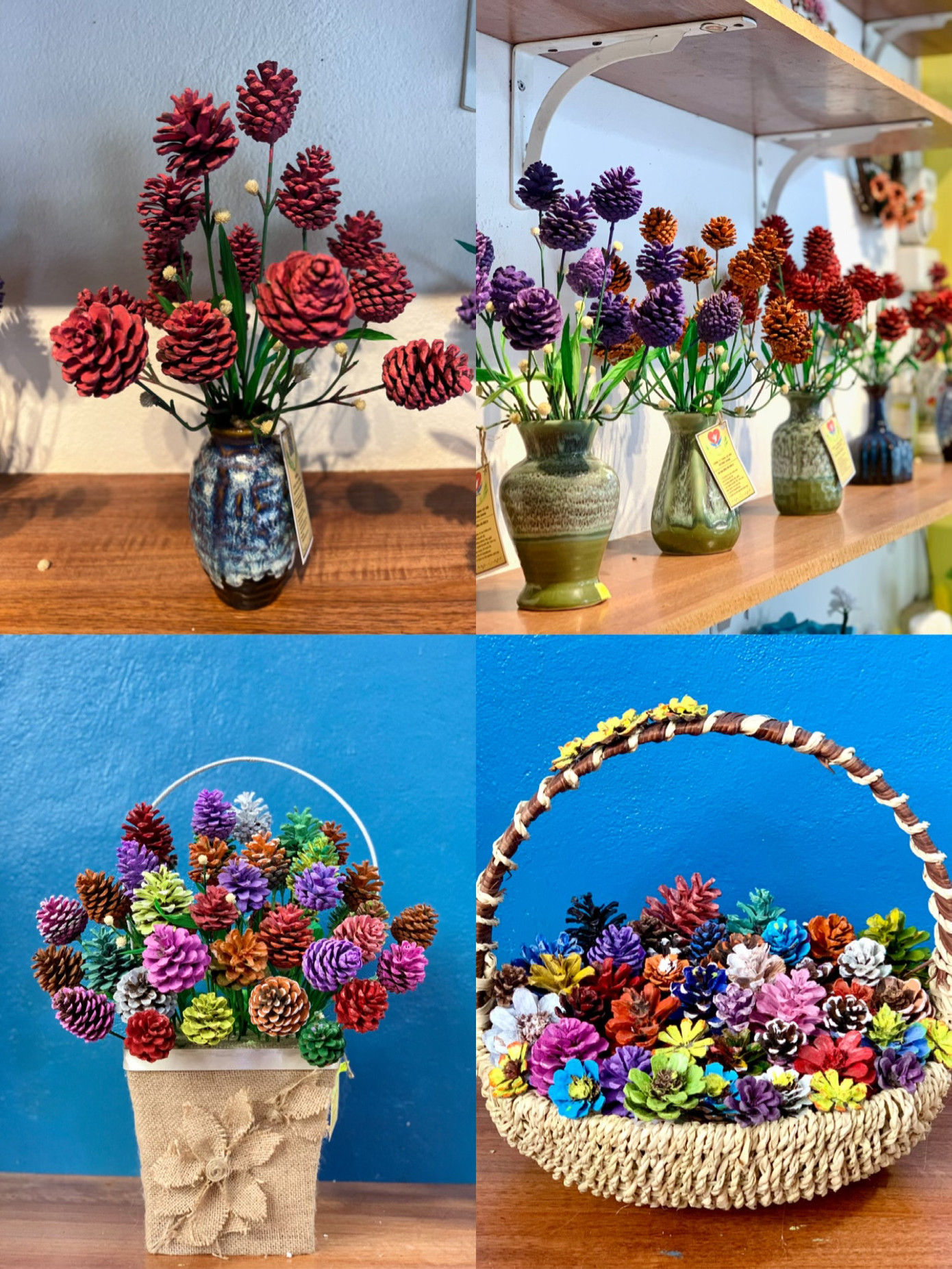 Chỉ bằng những vật liệu đơn giản, dễ kiếm như giấy nhún, bẹ ngô, vỏ hạt vừng, quả thông,... dưới bàn tay tỉ mỉ của các em học sinh khiếm khuyết, những bông hoa sặc sỡ ra đời. Chỉ bằng những vật liệu đơn giản, dễ kiếm như giấy nhún, bẹ ngô, vỏ hạt vừng, quả thông,... dưới bàn tay tỉ mỉ của các em học sinh khiếm khuyết, những bông hoa sặc sỡ ra đời.