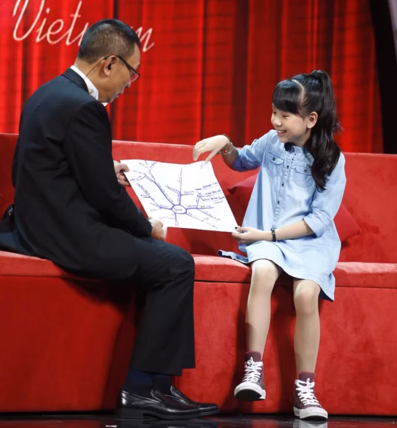Bảo Ngọc cùng nhà báo Lại Văn Sâm tại chương trình Mặt trời bé con.