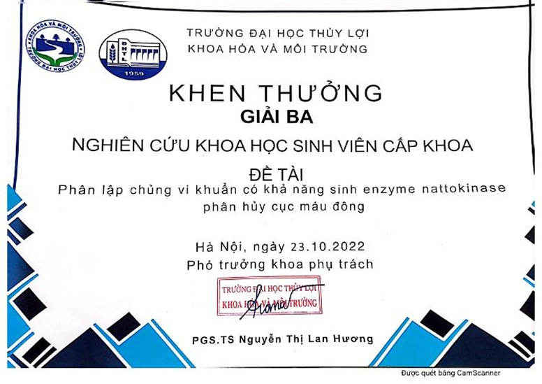 Giải thưởng nghiên cứu khoa học Nguyễn Thị Quỳnh đạt được trong khóa học. Giải thưởng nghiên cứu khoa học Nguyễn Thị Quỳnh đạt được trong khóa học.