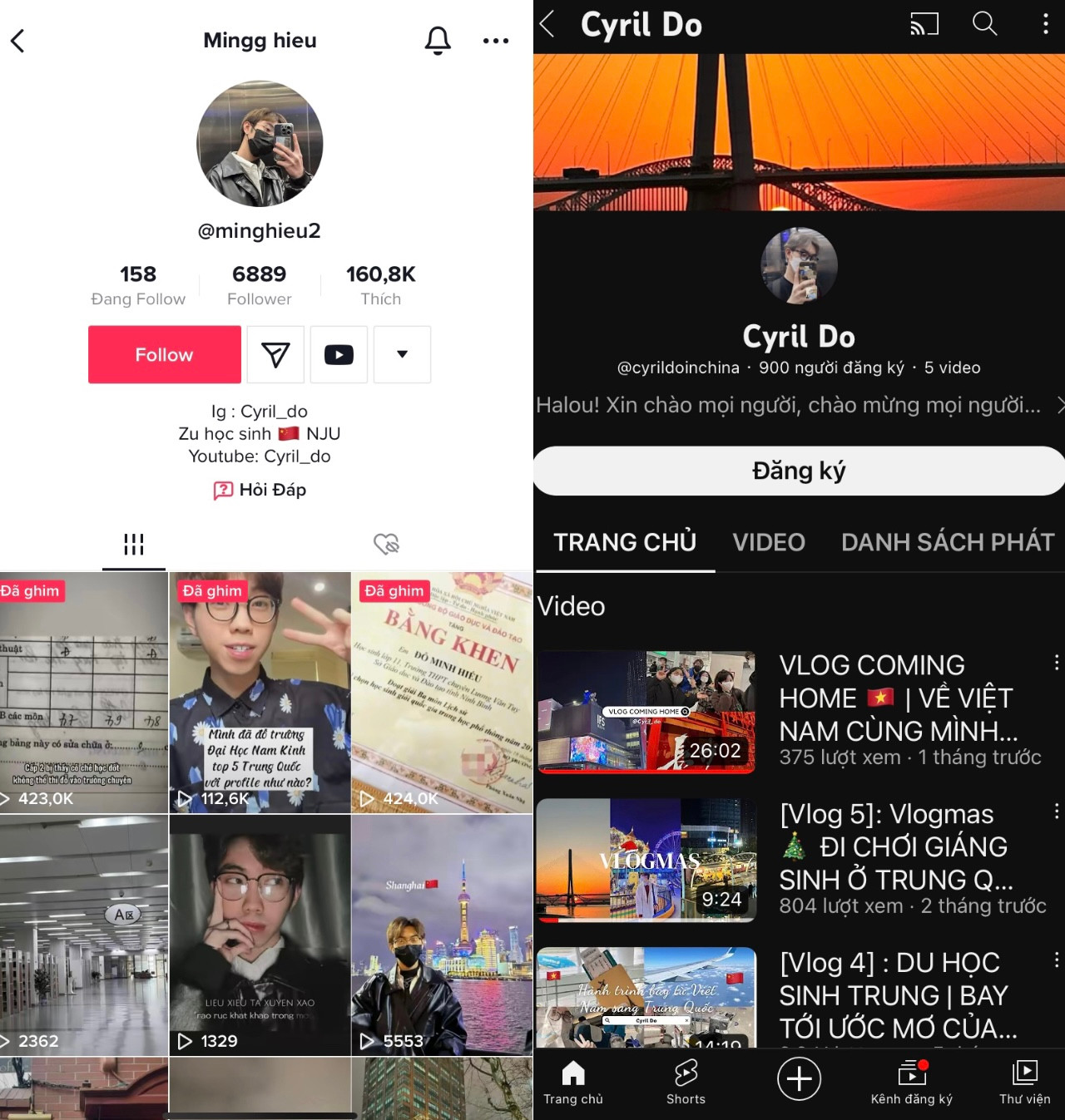 Minh Hiếu và kênh Youtube, Tiktok chia sẻ cuộc sống tại Trung Quốc.