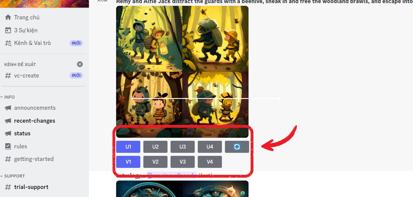 Các chức năng tương ứng U (Upscale): Tạo phiên bản lớn hơn của hình ảnh. V (Variation): Tạo hình ảnh mới dựa trên hình ảnh bạn đã chọn. Refresh: Tạo bốn hình ảnh mới từ cùng một văn bản.