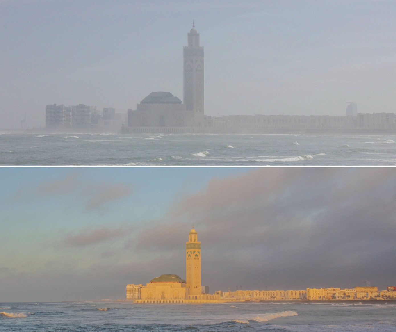 Nhà thờ Hồi giáo Hassan II nhìn từ bờ biển La Corniche vào một sáng nhiều sương và một chiều nắng đẹp.