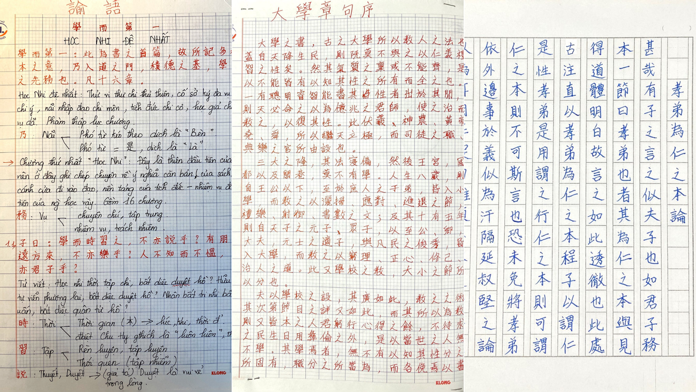 Những bản luyện viết chữ của Thanh Ngà (từ trái sang phải) từ năm nhất đến năm thứ ba.