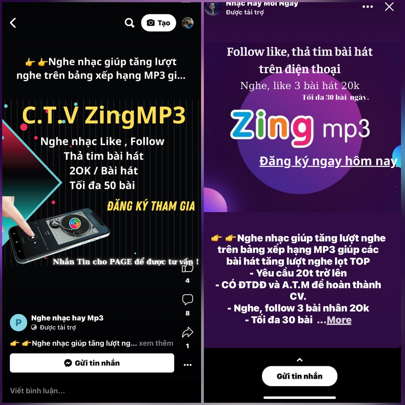 Quảng cáo tuyển dụng lừa đảo trên facebook mạo danh ứng dụng nghe nhạc Zing mp3.