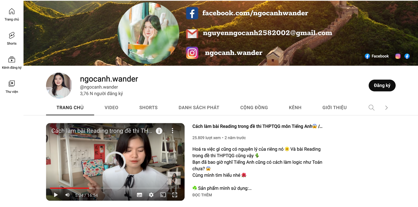 Ngọc Anh và kênh Youtube “ngocanh.wander". Ngọc Anh và kênh Youtube “ngocanh.wander".
