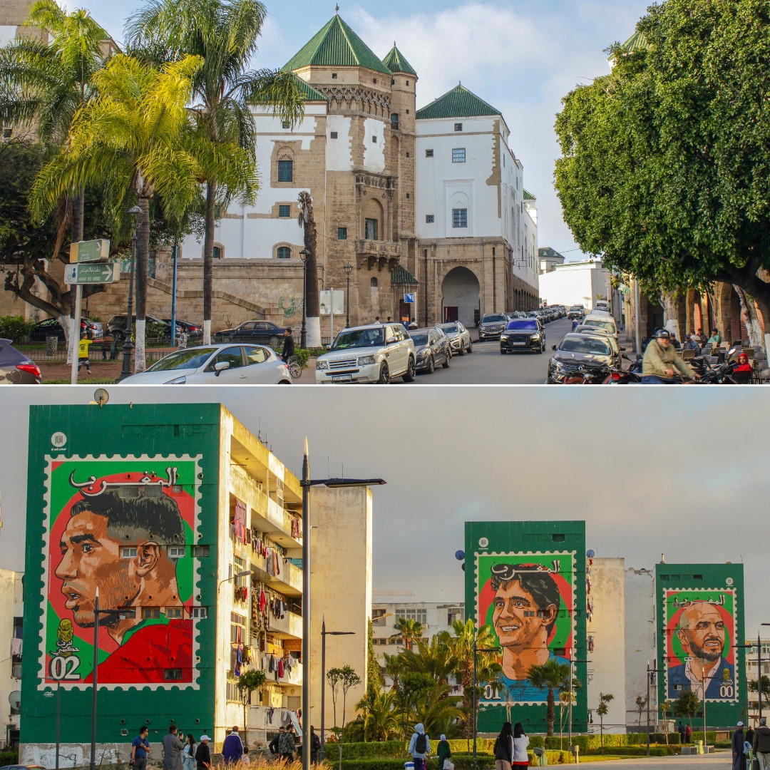 Đường phố Casablanca với những tấm poster hình các cầu thủ của Đội tuyển bóng đá quốc gia Ma-rốc.