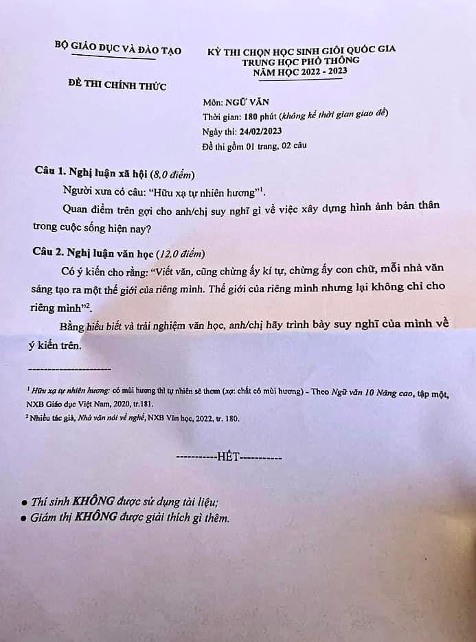 Đề thi môn Văn tại kỳ thi chọn học sinh giỏi Quốc gia ngày 24/2/2023. Đề thi môn Văn tại kỳ thi chọn học sinh giỏi Quốc gia ngày 24/2/2023.