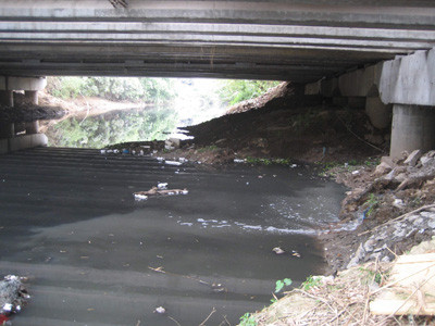 Lòng sông Nhuệ dưới gầm cầu Diễn bị thu hẹp Ảnh: K.N