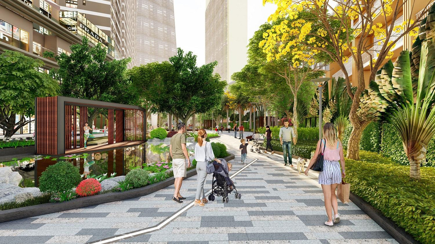 Một góc nội khu xanh mát tại dự án hạng A do MIKGroup phát triển