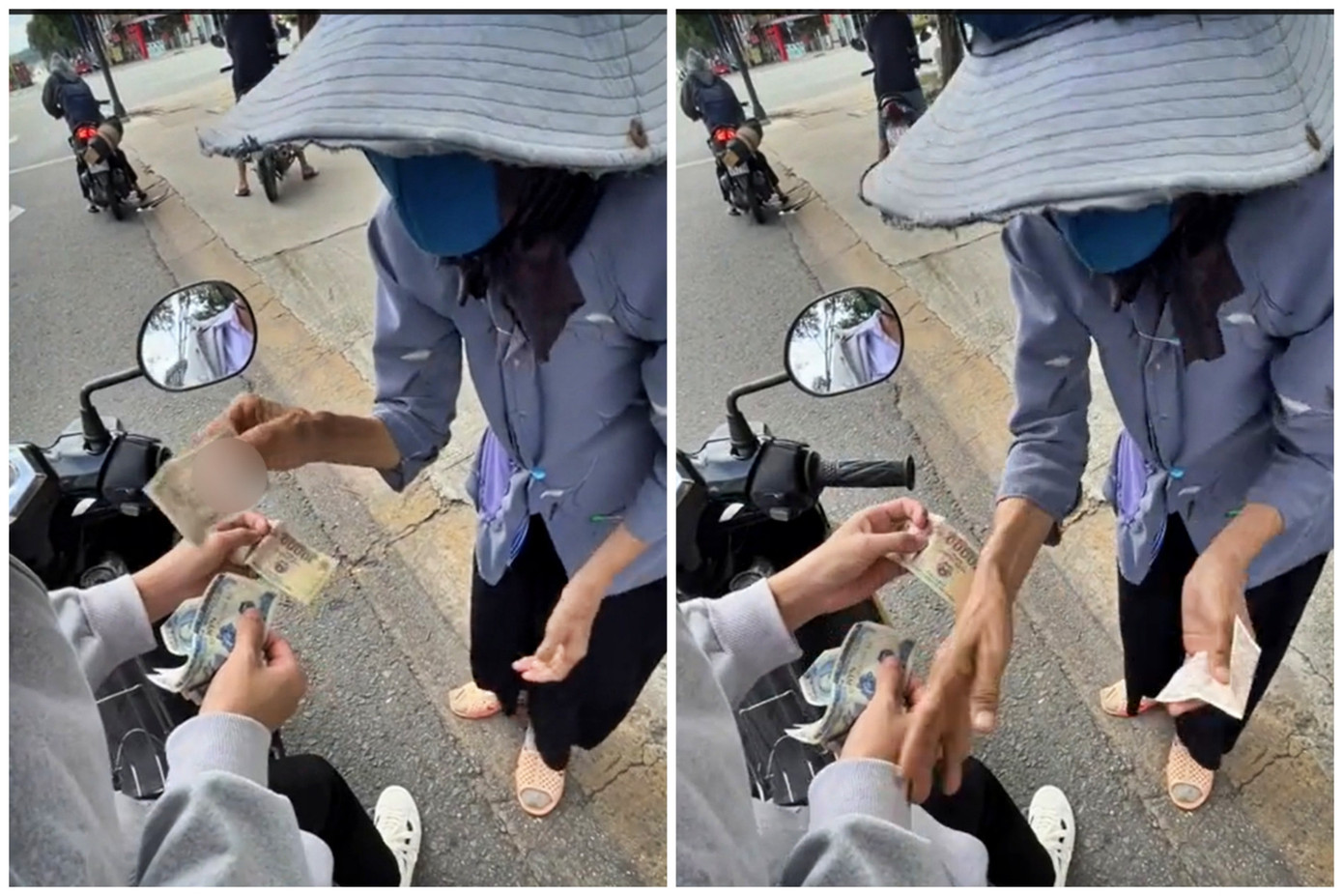 Bà lão ăn xin chỉ lấy 2.000 đồng trước sự ngỡ ngàng của người cho. Ảnh cắt từ clip Bà lão ăn xin chỉ lấy 2.000 đồng trước sự ngỡ ngàng của người cho. Ảnh cắt từ clip