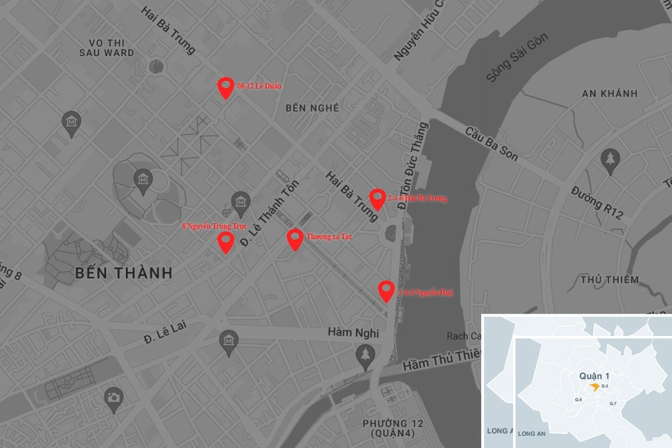 Vị trí 4 khu "đất vàng" xây nhà vệ sinh công cộng tại TP.HCM và 1 khu đất số 2-4-6 Nguyễn Huệ chuẩn bị xây khi hoàn thành dự án mở rộng khách sạn Majestic. Ảnh: Google Maps.