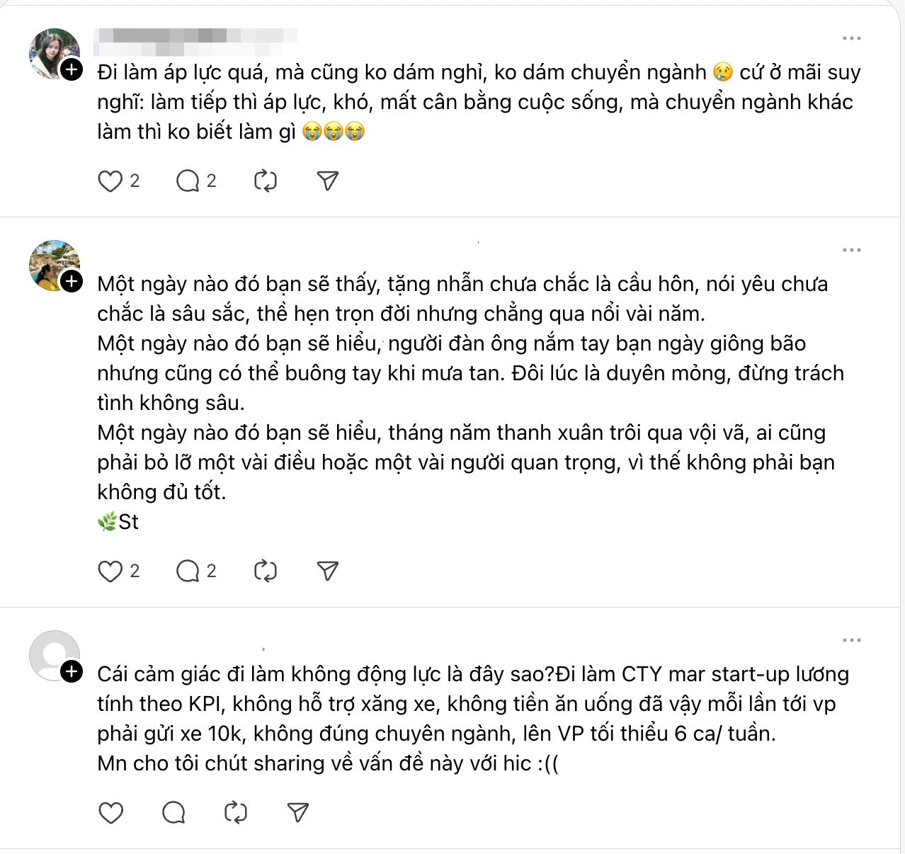 Từ sức khỏe tinh thần, áp lực công việc đến tình yêu... đây là những chủ đề phổ biến được giới trẻ chia sẻ cởi mở hơn trên Threads. Ảnh: MXH Threads