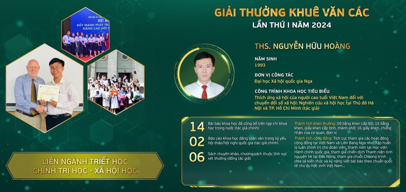 ThS Nguyễn Hữu Hoàng có công trình khoa học tiêu biểu về "Thích ứng xã hội của người cao tuổi Việt Nam đối với chuyển đổi số xã hội" nhằm cung cấp bằng chứng thực tiễn, khoa học để sớm điều chỉnh, hoàn thiện Luật Người cao tuổi năm 2010 và các chủ trương, chính sách, dự án về chăm sóc, phát huy vai trò người cao tuổi hiện hành.